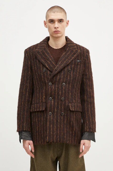 Martine Rose palton de lână Double Breasted Short Coat culoarea maro, de tranziție, cu două rânduri de nasturi, 328WT02702