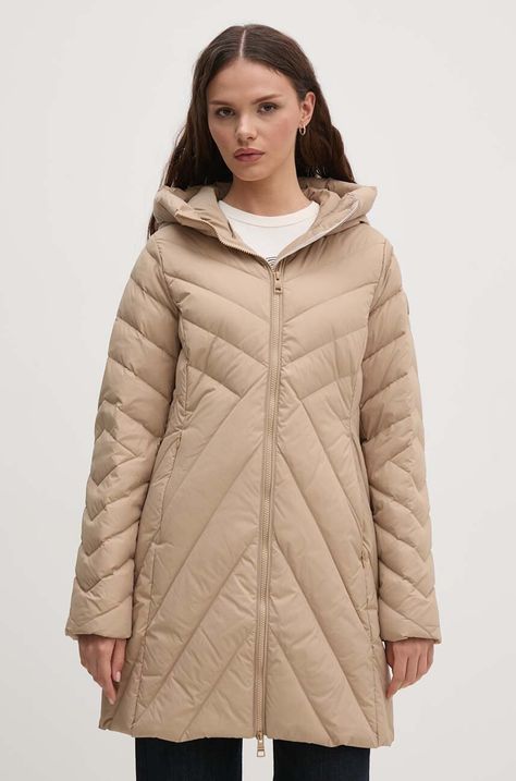 Páperová bunda Tommy Hilfiger dámska, béžová farba, prechodná, WW0WW42622