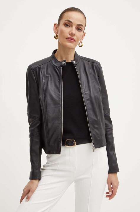 Boss Orange geaca de piele femei, culoarea negru, de tranzitie, 50522033