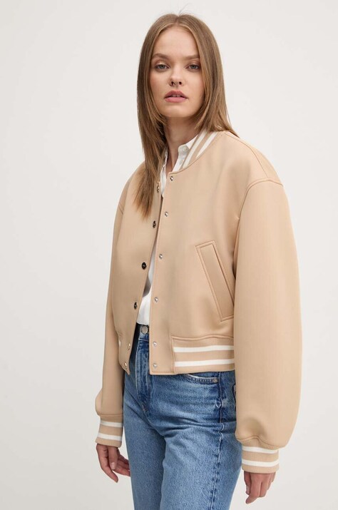 HUGO geaca bomber femei, culoarea bej, de tranzitie, oversize, 50518978
