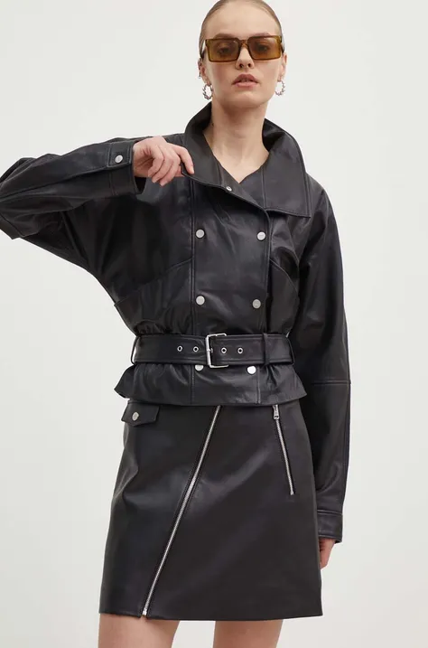 Kožená bunda HUGO dámska, čierna farba, prechodná, 50516752