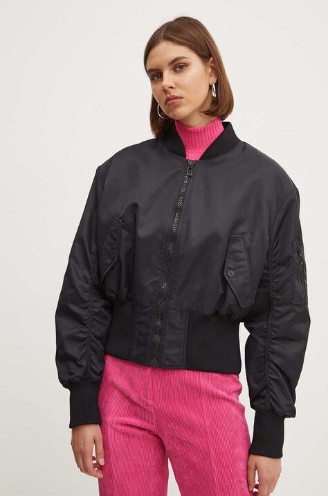 HUGO geaca bomber femei, culoarea negru, de tranzitie, oversize, 50517107
