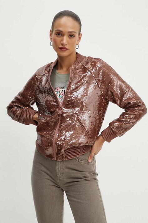 Guess geaca bomber ANTONIA femei, culoarea maro, de tranzitie, oversize, W4YL12 WGAH0