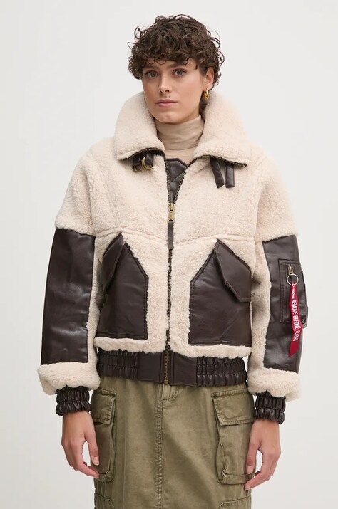 Bunda Alpha Industries Teddy PU Bomber dámská, béžová barva, přechodná, oversize, 148001