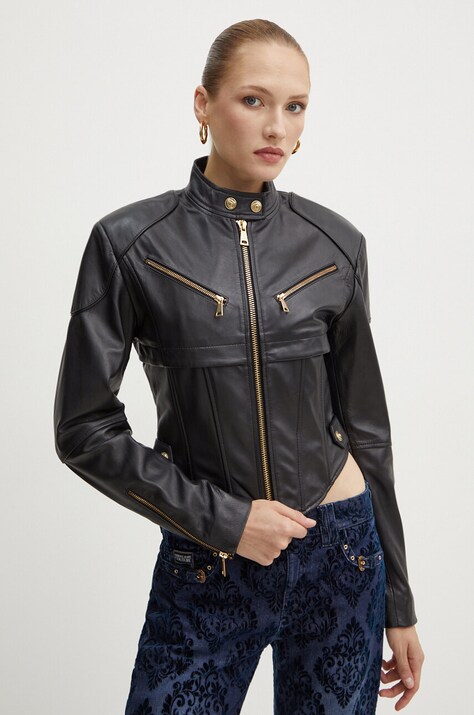 Versace Jeans Couture geaca de piele femei, culoarea negru, de tranzitie, 77HAVP04 CP009