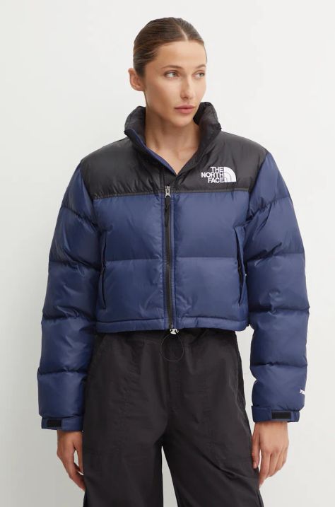 The North Face geaca de puf Nuptse Short Jacket femei, culoarea albastru marin, de iarna, NF0A5GGE92A1