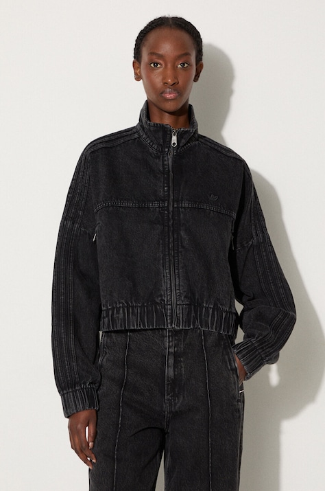 adidas Originals geacă din denim femei, culoarea negru, de tranziție, oversized, IW5759