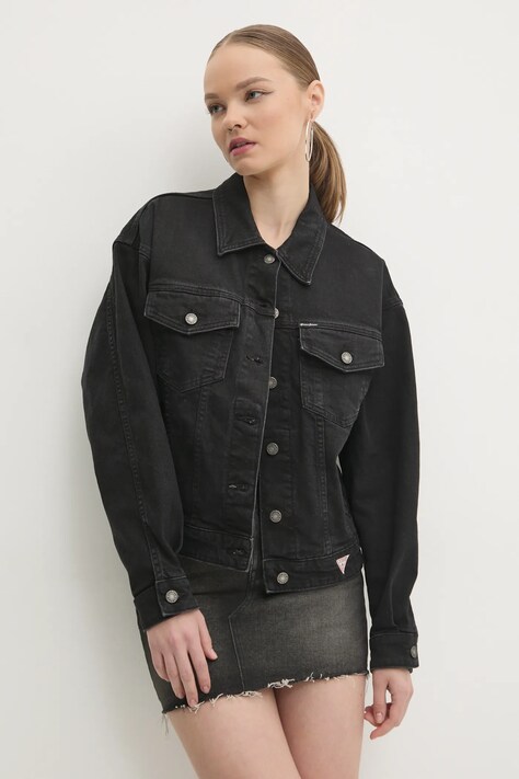 Guess Jeans geacă din denim femei, culoarea negru, de tranziție, oversized, W4BN56 D5E83