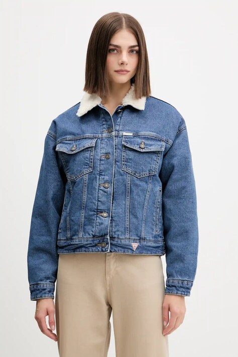 Džínová bunda Guess Jeans modrá barva, přechodná, oversize, W4BN64 D5CC3