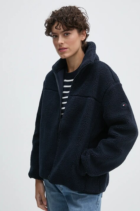 Tommy Hilfiger hanorac fleece culoarea albastru marin, neted, WW0WW43223