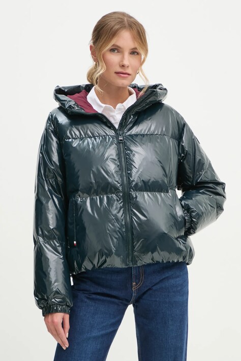 Péřová bunda Tommy Hilfiger dámská, zelená barva, zimní, oversize, WW0WW43523