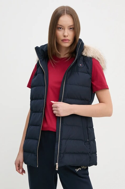 Tommy Hilfiger vesta de puf femei, culoarea albastru marin, de iarna, WW0WW43634
