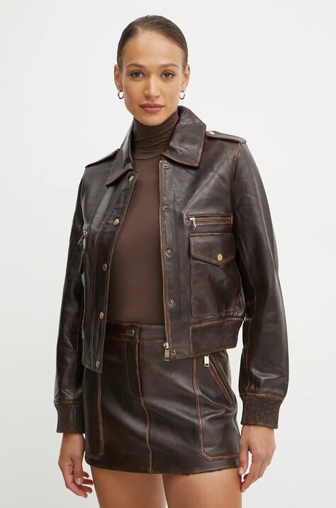 MICHAEL Michael Kors geaca de piele femei, culoarea maro, de tranzitie, MF420FMF24
