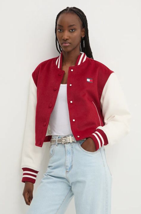 Tommy Jeans geacă din amestec de lână culoarea rosu, de tranzitie, oversize, DW0DW19744