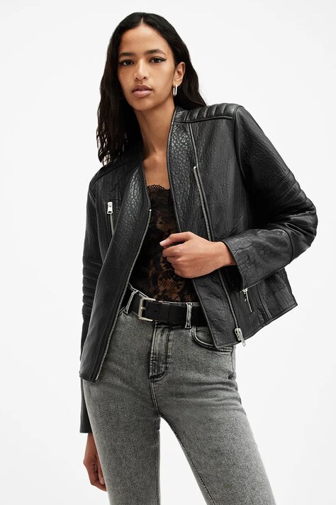 AllSaints geaca de piele CAWLEY femei, culoarea negru, de tranzitie, W027LA