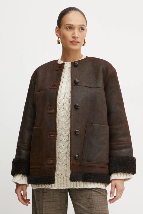 Weekend Max Mara geaca de piele femei, culoarea maro, de tranzitie, 2425416013600