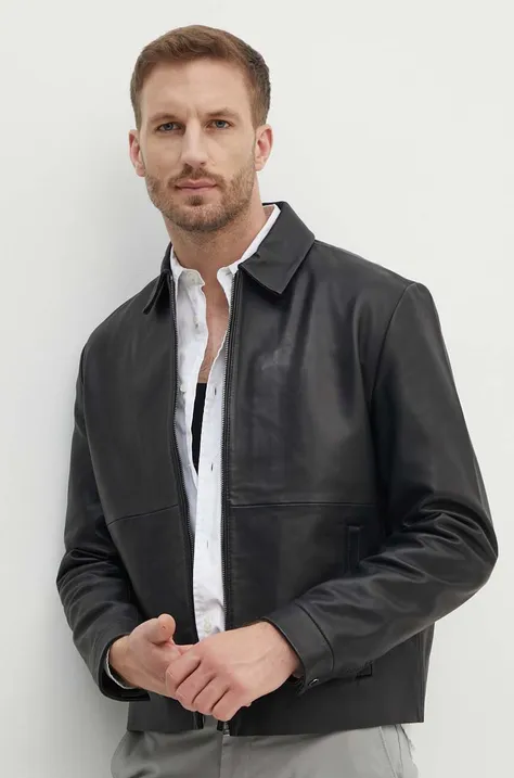 Kožená bunda Calvin Klein pánska, čierna farba, prechodná, K10K113014