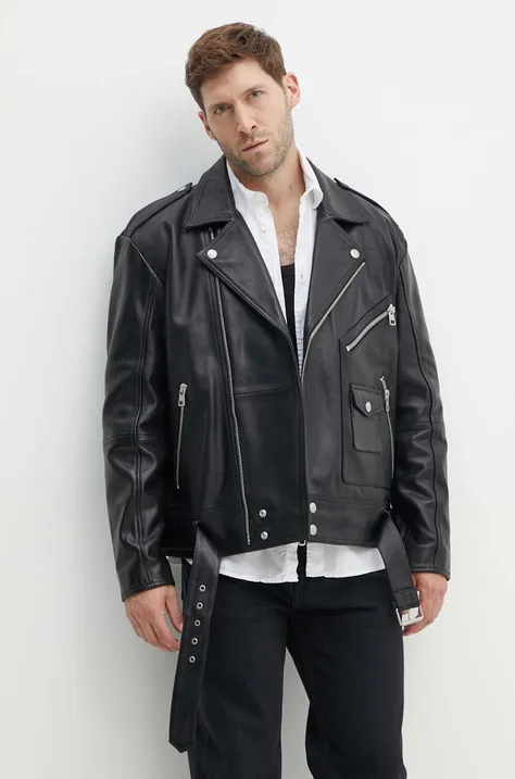 Kožna jakna Calvin Klein Jeans za muškarce, boja: crna, za prijelazno razdoblje, oversize, J30J325600