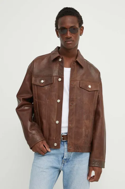 Usnjena jakna Won Hundred moška, rjava barva, 3011-16018