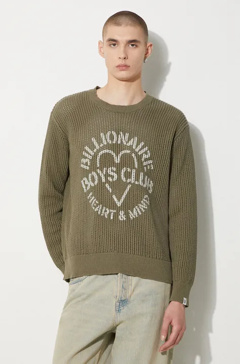 Billionaire Boys Club sweter bawełniany Heart & Mind Stencil Logo Jumper kolor zielony ciepły B24224