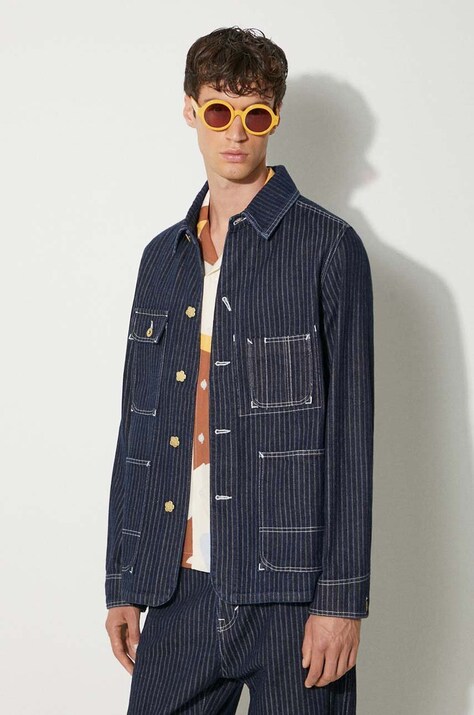 Džínová bunda Kenzo Relaxed Workwear Jacket pánská, tmavomodrá barva, přechodná, oversize, FE65DV1126F1.DM
