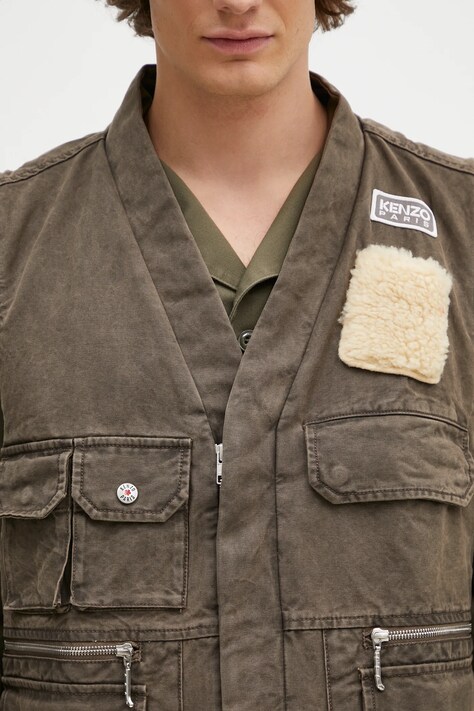 Kenzo bezrękawnik bawełniany Multipocket Gilet kolor brązowy przejściowy FE65VE0089GK.92