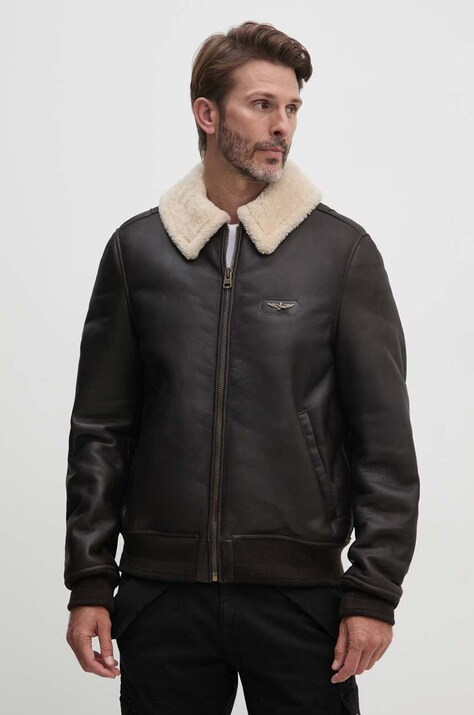 Aeronautica Militare geaca de piele barbati, culoarea maro, de tranzitie, PN1611763
