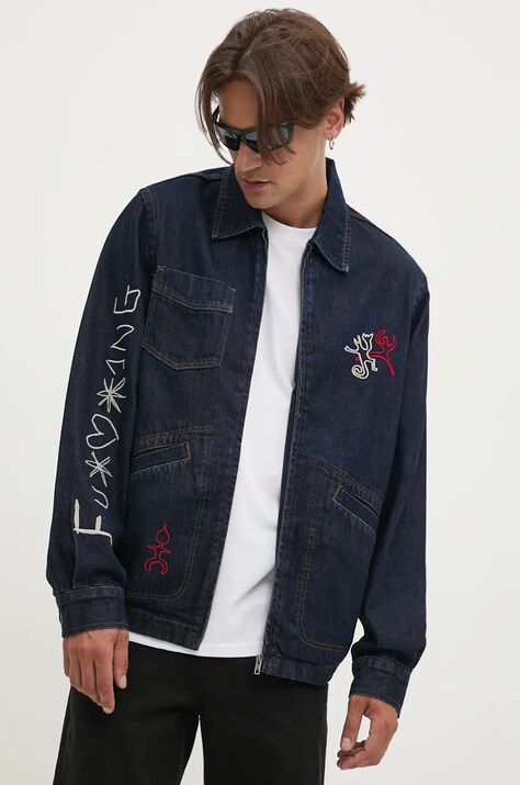 Desigual geacă din denim AARON bărbați, culoarea bleumarin, de tranziție, 24WMED01