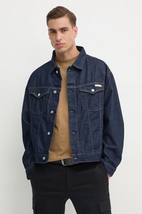 Calvin Klein Jeans geacă din denim bărbați, culoarea bleumarin, de tranziție, oversized, J30J326391