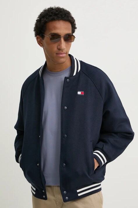 Tommy Jeans jacheta bomber din amestec de lana culoarea albastru marin, de tranzitie, DM0DM20685