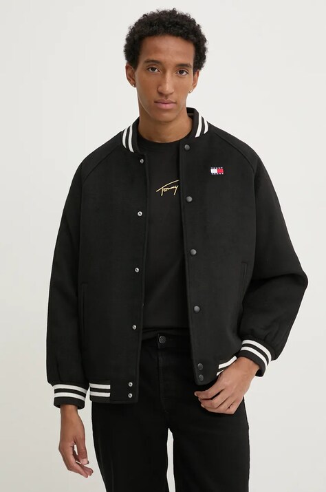 Tommy Jeans jacheta bomber din amestec de lana culoarea negru, de tranzitie, DM0DM20685
