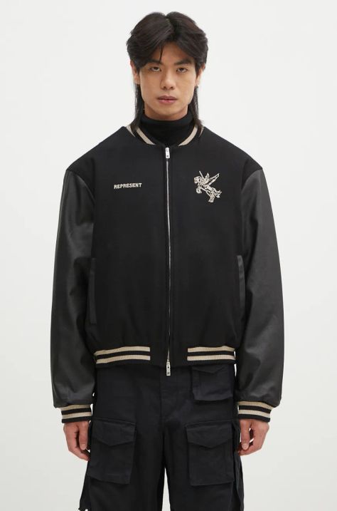 Represent giacca bomber in misto lana Mascot Wool Varsity Jacket colore nero  MLM1127.001