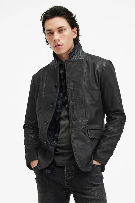 Kožená bunda AllSaints SURVEY LTHR BLAZER pánska, čierna farba, prechodná, M061LB