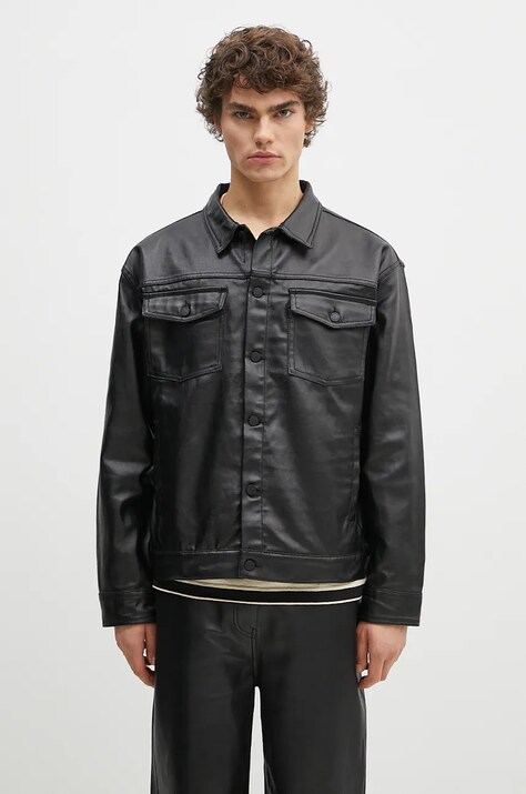 Traper jakna PLEASURES Latex Trucker Jacket za muškarce, boja: crna, za prijelazno razdoblje, P24F040