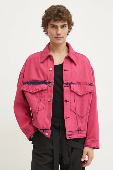 Études Studio geacă din denim bărbați, culoarea roz, de tranziție, oversize, H24MMOUT530