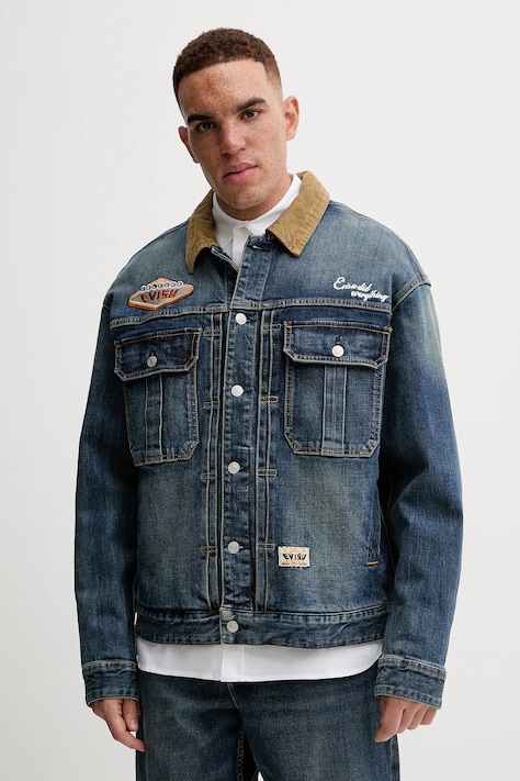 Rifľová bunda Evisu Printed & Emb pánska, tmavomodrá farba, prechodná, oversize, 2EAHTM4DJ8001
