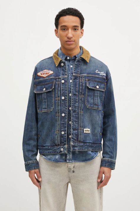 Evisu geacă din denim Printed & Emb bărbați, culoarea bleumarin, de tranziție, oversized, 2EAHTM4DJ8001