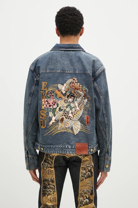Evisu denim jacket Brocade Appliqué & Carp Emb men's navy blue color 2EAHTM4DJ7001