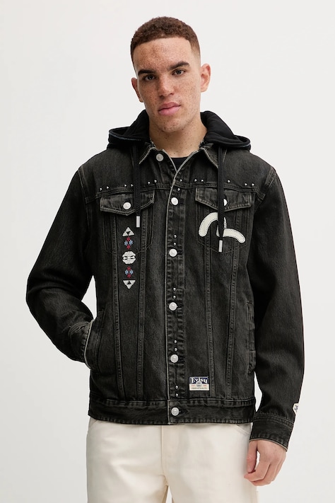 Evisu geacă din denim Weel of Wisdom bărbați, culoarea negru, de tranziție, 2EAHTM4DJ1001