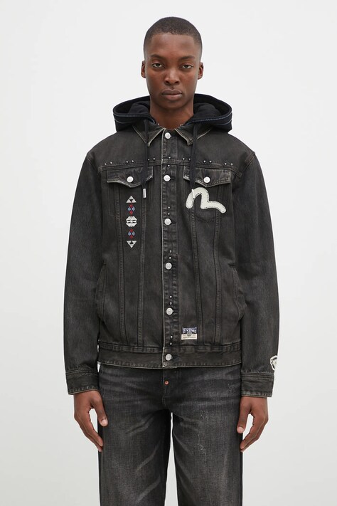 Evisu geacă din denim Weel of Wisdom bărbați, culoarea negru, de tranziție, 2EAHTM4DJ1001