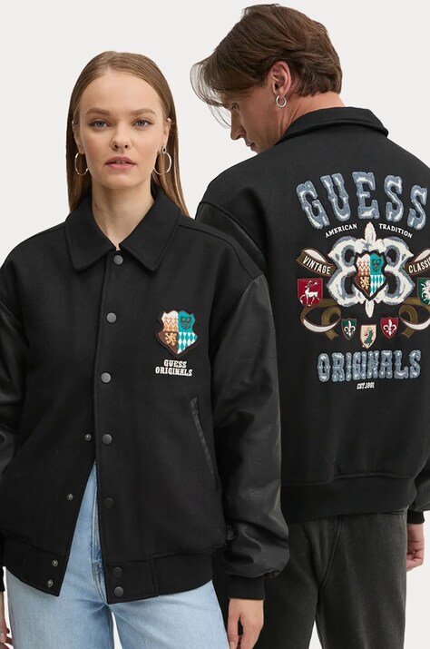 Guess Originals geacă din amestec de lână culoarea negru, de tranzitie, oversize, M4BL50 WEI00
