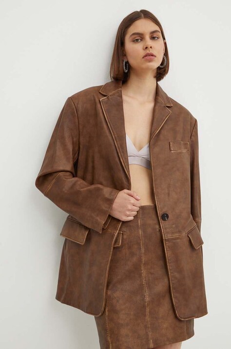 HUGO sacou de piele culoarea maro, un singur rand de nasturi, neted, 50516757