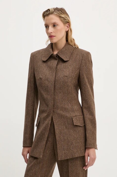 Remain geaca de lana Fitted Herringbone Blazer culoarea maro, un singur rand de nasturi, modelator, 5018632977