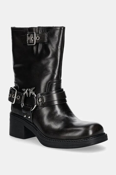 Kožne gležnjače Pinko Alys za žene, boja: crna, s debelom potpeticom, SD0155 P056 Z99