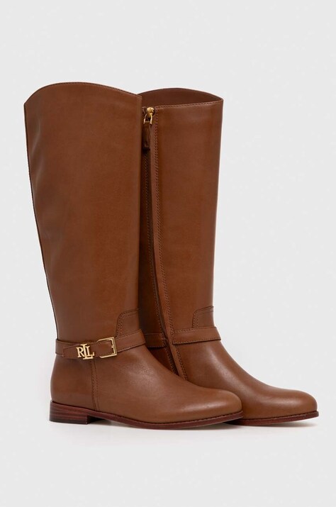 Lauren Ralph Lauren ghete de piele Brooke Tall femei, culoarea maro, cu toc plat, 802937804002