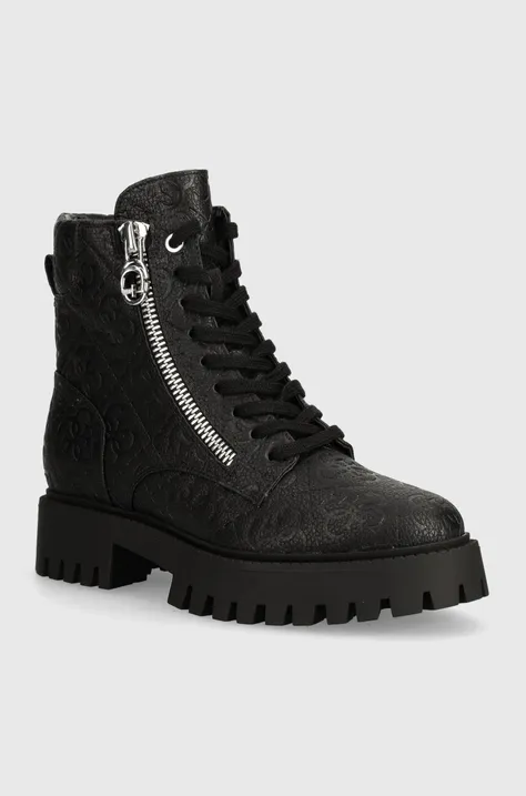 Členkové topánky Guess FIONA dámske, čierna farba, na plochom podpätku, FLTFIO FAL10