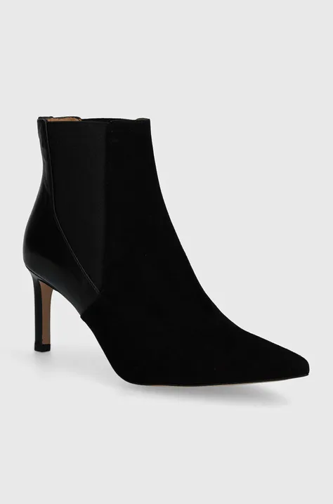 Kožené členkové topánky BOSS Janet dámske, čierna farba, na vysokom podpätku, 50523359