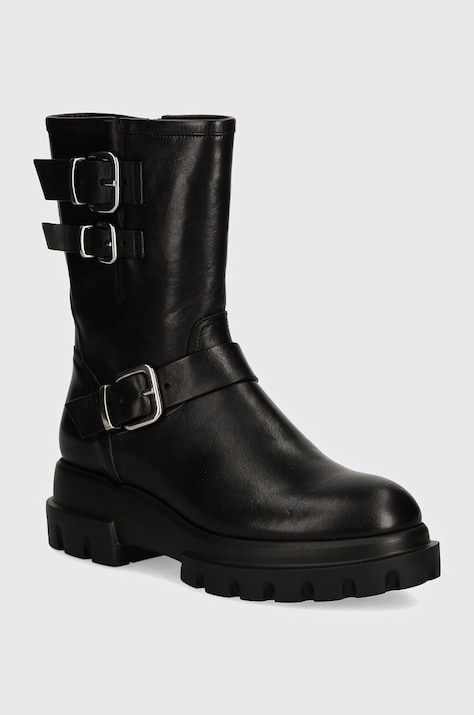 AGL cizme de piele Chunky Biker femei, culoarea negru, cu toc plat, D756589PGKA2131013