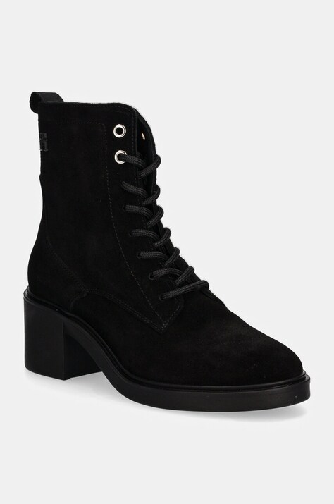 Tommy Hilfiger cizme din piele intoarsa SUEDE MID HEEL LACEUP LOGOTAPE femei, culoarea negru, cu toc drept, FW0FW08090