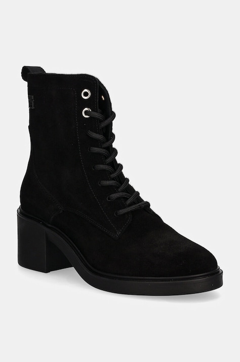 Σουέτ μπότες Tommy Hilfiger SUEDE MID HEEL LACEUP LOGOTAPE γυναικείες, χρώμα: μαύρο, FW0FW08090